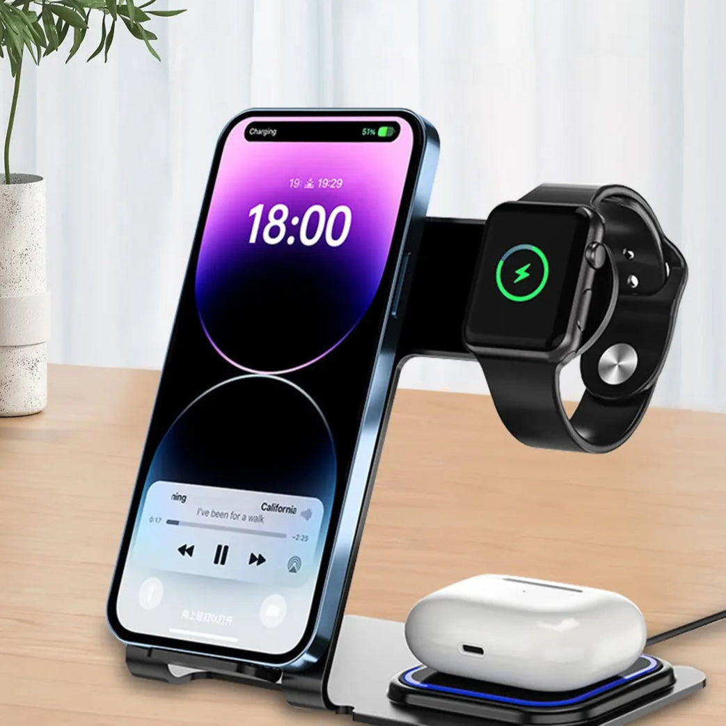 Base de Carregamento 3-em-1 para Apple Watch, Celular e fone sem fio